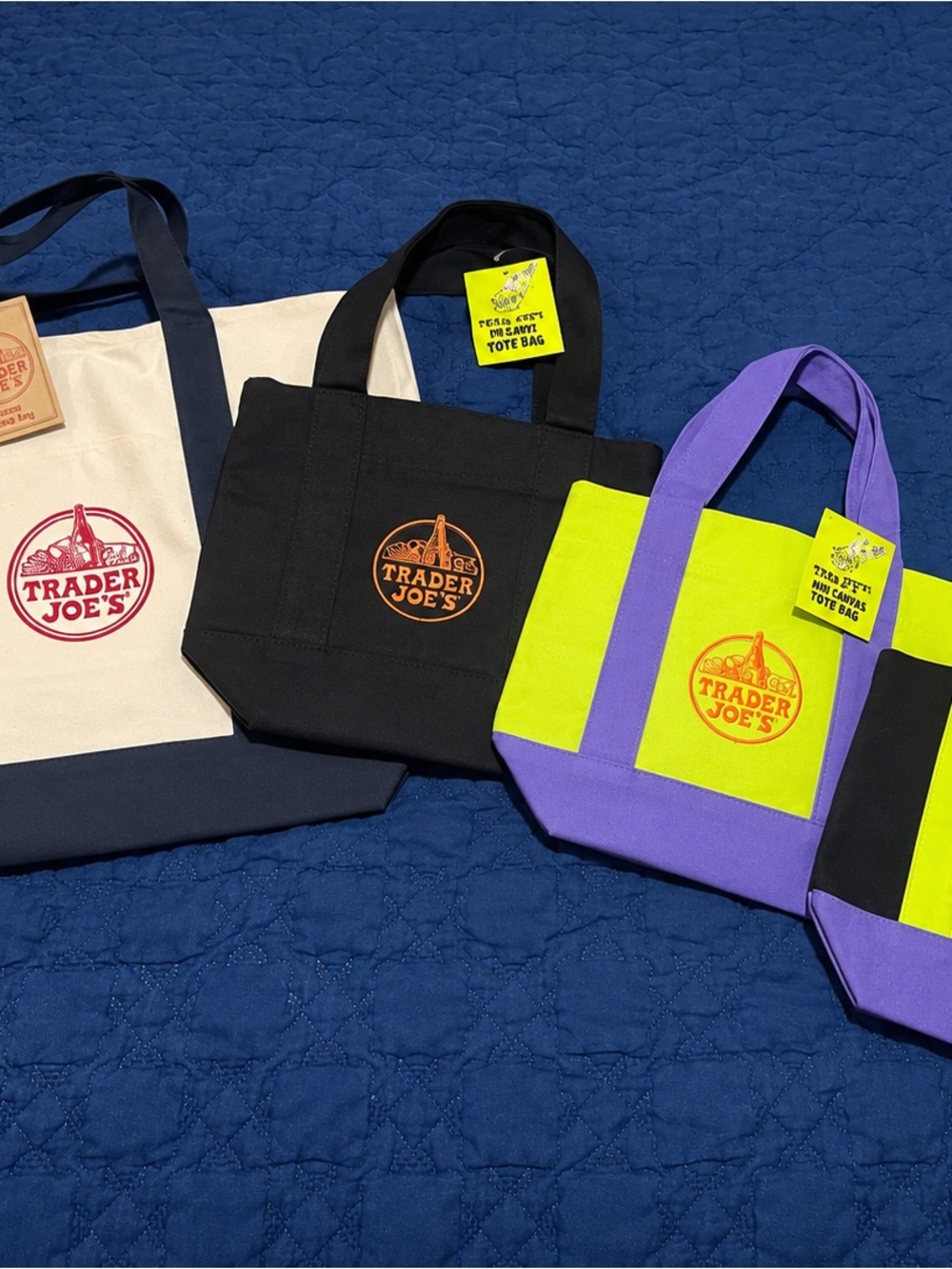 Trader Joe's Neon Yellow & Purple Canvas Tote Bag